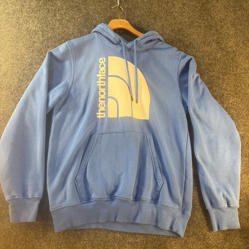 The North Face Hoodie Mens Small Blue Big Logo Pullover Sweatshirt Fleece